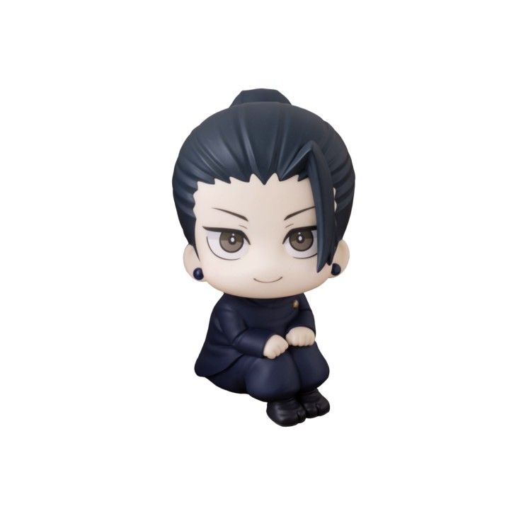 an anime figurine with black hair and blue eyes sitting in front of a white background