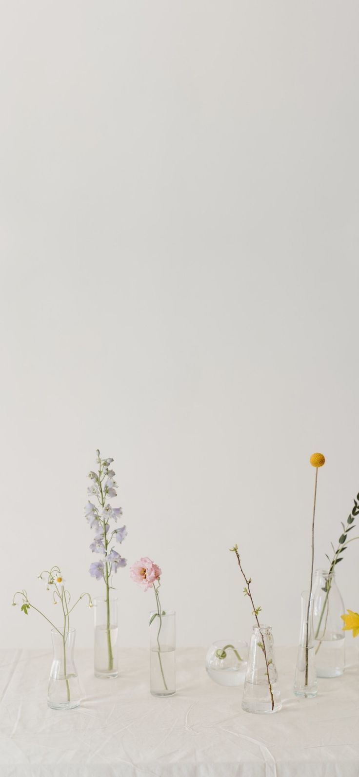 several vases filled with different types of flowers on a white tableclothed surface