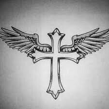 a cross with wings on it is drawn in black and white, as well as the word