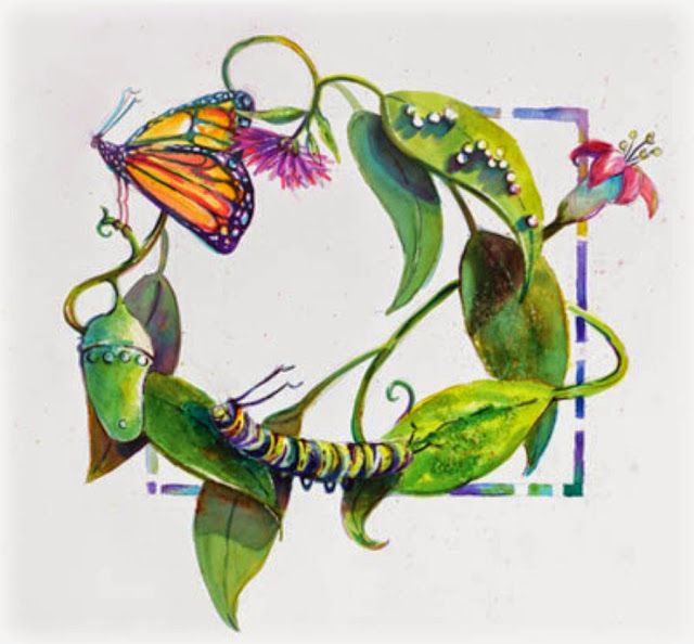 a drawing of two butterflies on top of green leaves