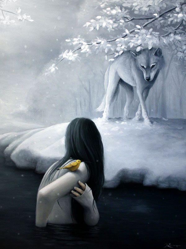 a painting of a woman in the water with a wolf behind her and snow on the ground