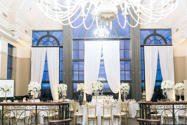 an elegant wedding reception with chandeliers and white flowers