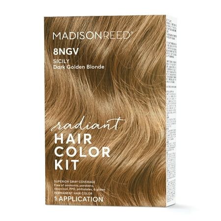 Radiant Hair Color Kit delivers gorgeous, high-quality hair color for multi-tonal and natural-looking results. Works on all different hair types and textures. Radiant Hair Color is a cream-based formula, dermatologist-tested, and does not damage your hairit has been shown to actually improve the condition of your hair. Formulated with hair-loving ingredients and is free from harsh ingredients while also being Leaping Bunny Certified. One Radiant Hair Color Kit has everything you need to color at Dark Golden Blonde, Madison Reed, Barrier Cream, Champagne Blonde, Hair Kit, Leaping Bunny, Different Hair Types, Gray Coverage, Permanent Hair Dye