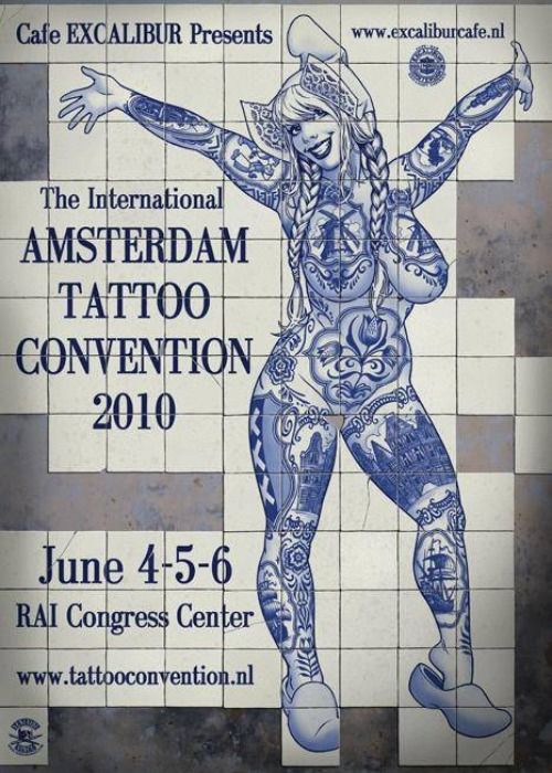 an advertisement for the international amsterdam tattoo convention 2010, featuring a woman with tattoos on her body