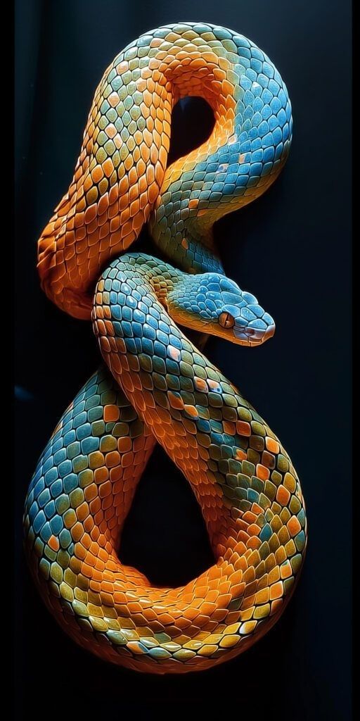 an orange and blue snake is curled up