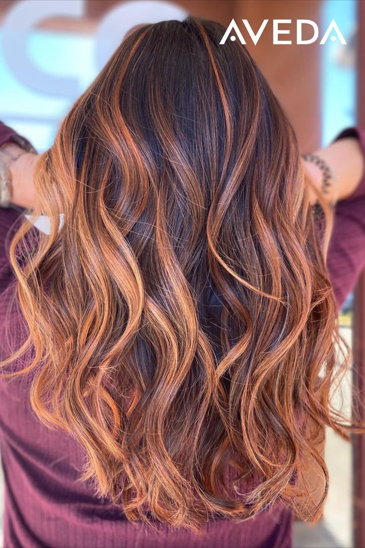 Pumpkin Spice Bayalage Hair, Different Styles Of Highlights, Autumn Color Hair Highlights, Fall Hair Color For Brunettes Copper, Highlights With Auburn Hair, Pumpkin Spice Hair Balayage, Cowboy Copper Hair Brunette With Blonde Highlights, Pumpkin Balayage Hair, Dark Brown Hair With Copper Bayalage