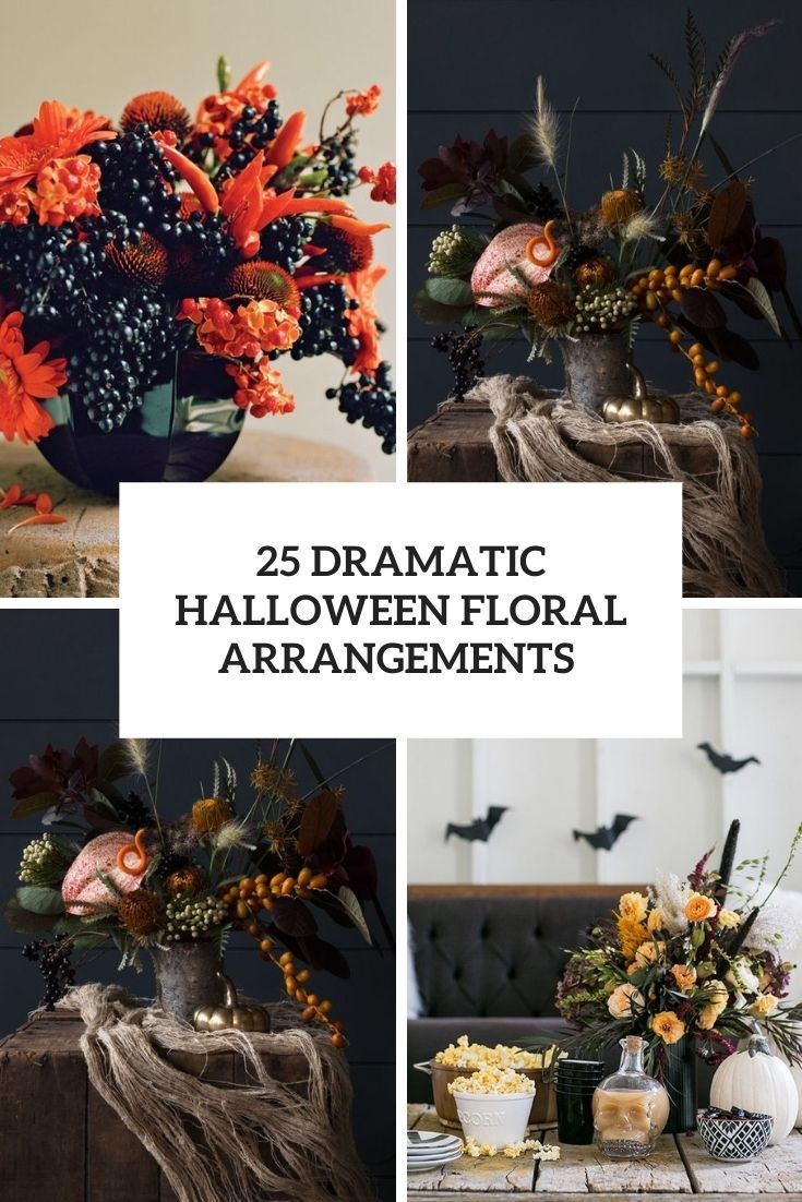 various halloween floral arrangements in vases on a table