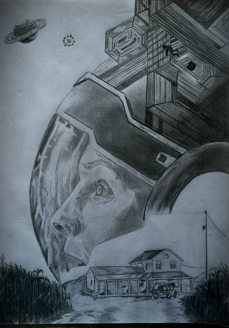 a drawing of a man's face in front of a house and an airplane