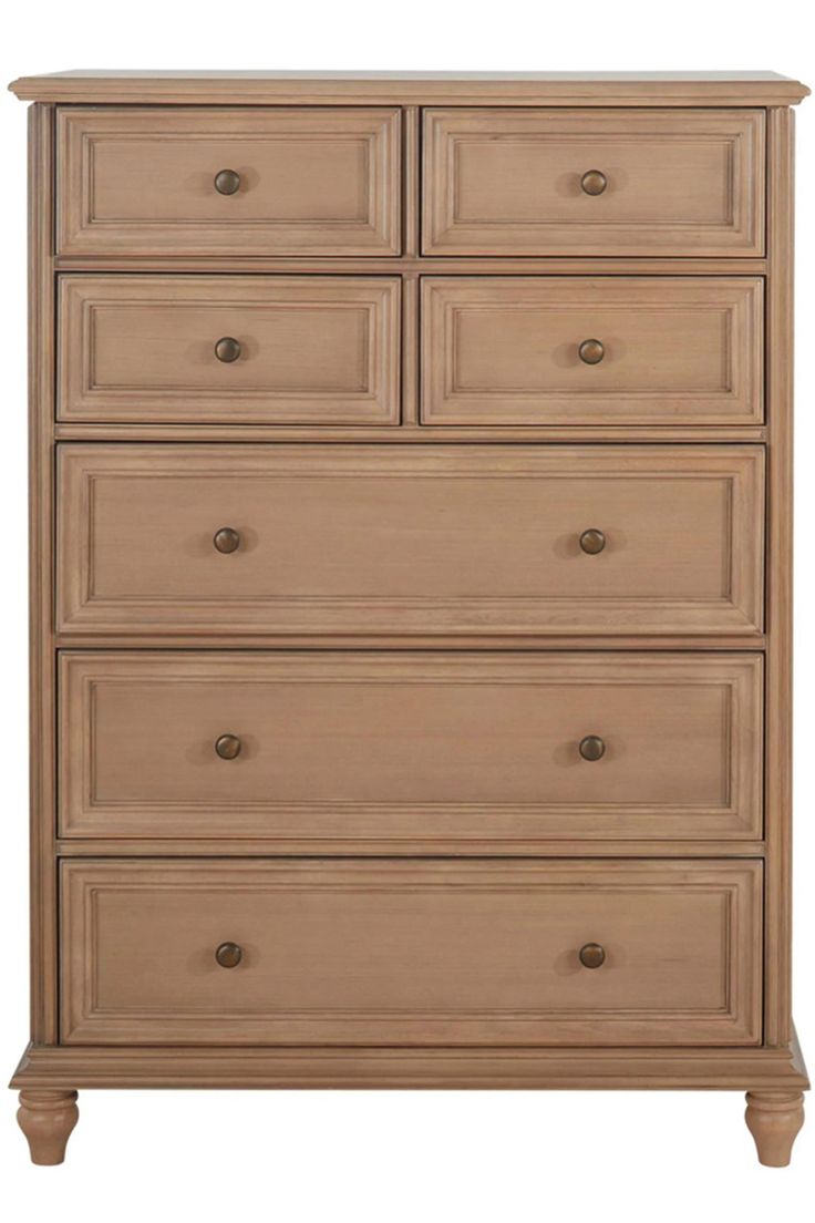 the chest of drawers is made from wood and has five drawers, one with two doors on