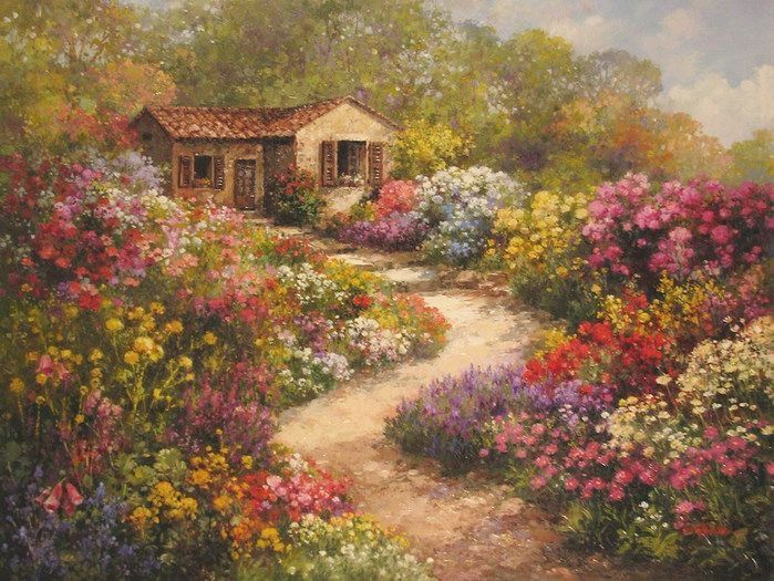 a painting of a house surrounded by flowers