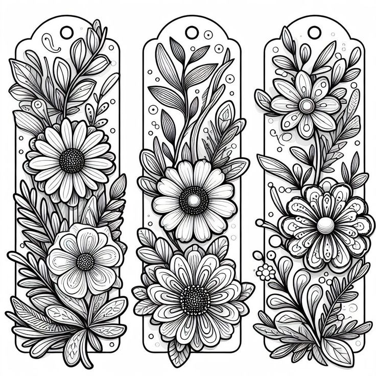 three bookmarks with flowers and leaves on them