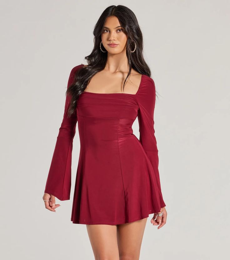 This adorable mini dress features a square neckline with a pleated draped overlay, long bell sleeves, and a flowy A-line silhouette for that effortlessly pretty vibe. The sleek knit fabric offers plenty of stretch for comfortable wear. Perfect for a formal party, style with stiletto heels.Fit & FeaturesSleek knit fabric with knit lining, plenty of stretchSquare neckline, pleated draped overlayLong bell sleevesHigh waist seamMini-length A-line silhouetteRuns true to size Red Dress Short Sleeve, Windsor Long Sleeve Dress, Winter Dance Dresses Red, Burnt Orange Long Sleeve Dress, Semi Formal Dresses Sleeves, Winter Formal Dresses Short Long Sleeve Red, Christmas Dinner Dress Classy, Women Christmas Dress, Christmas Party Outfits Dress