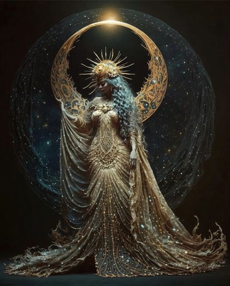 a woman standing in front of a moon