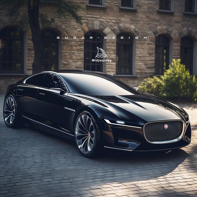 a black car parked in front of a brick building