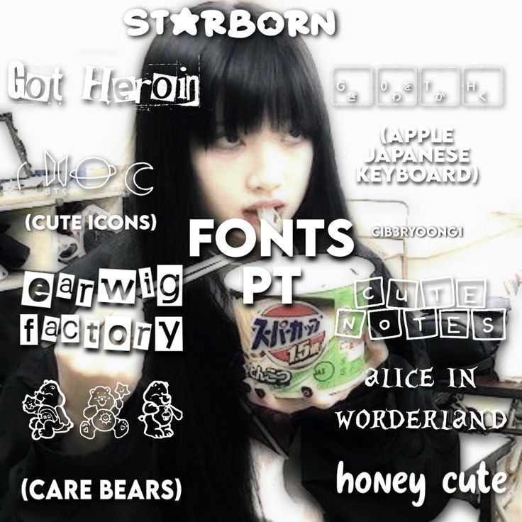 a girl with long black hair eating cereal and holding a spoon in her hand, surrounded by words that spell out font