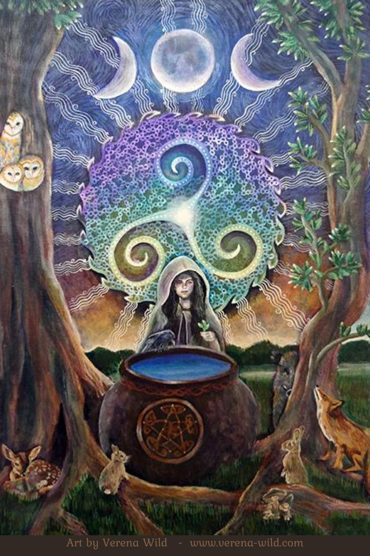 a painting of a woman sitting on top of a pot in the woods with owls around her