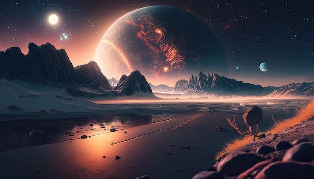 an alien landscape with mountains and planets in the background