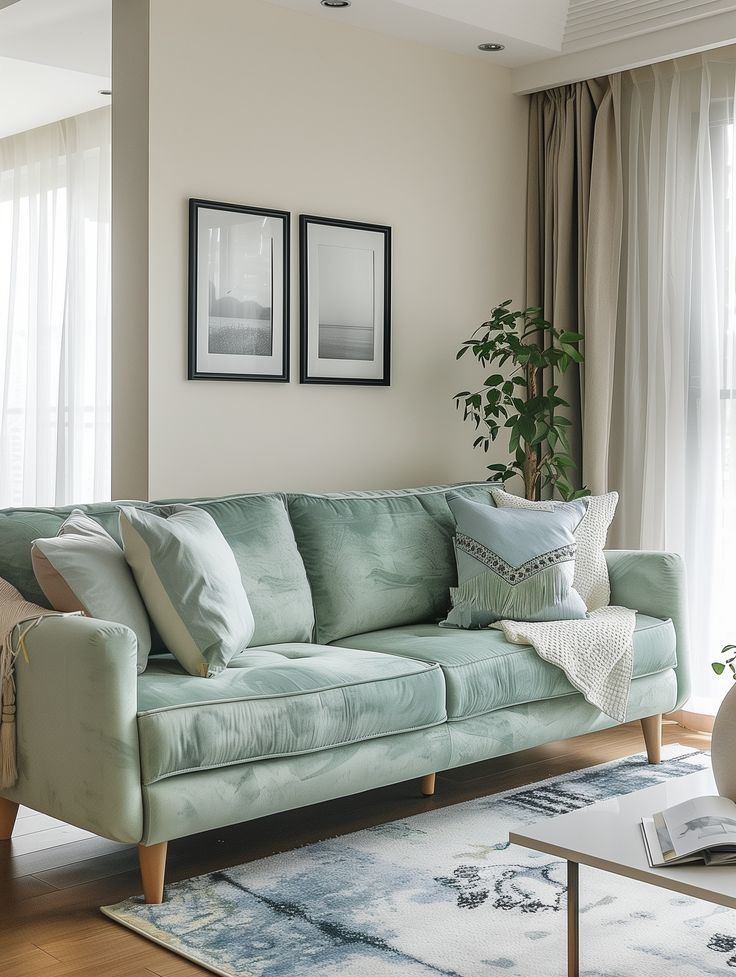 a living room filled with furniture and pictures hanging on the wall above it's windows