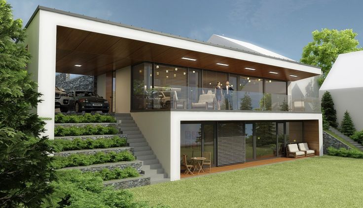 an artist's rendering of a modern house with stairs leading up to the upper level