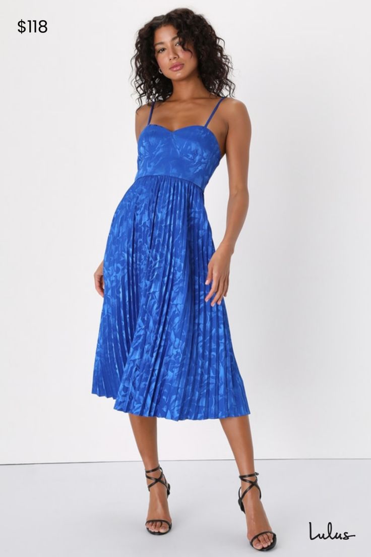 You'll never be lacking a stylish party dress when you've got the Lulus Chic Sensibility Cobalt Blue Satin Jacquard Pleated Midi Dress! Sleek woven satin, with floral embossing, shapes adjustable spaghetti straps that support a bustier-inspired bodice with a high waist. Skirt features elegant pleating as it falls to a midi hem. Hidden zipper/clasp at back. Fit: This garment fits true to size. Length: Knee to mid-calf length. Size medium measures 40" from top to bottom. Bust: Great for any cup si Summer Wedding Guest Dress Short, Cocktail Dresses For Wedding Guests, Formal Wedding Guest Dress Summer, Cocktail Dresses For Wedding, Cocktail Dress Classy, Dresses For Wedding Guests, Formal Wedding Guest Dress, Pink Satin Dress, Red Strapless Dress