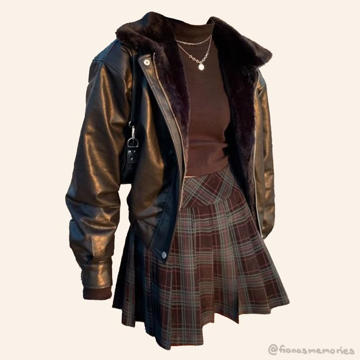 Brown Outfit Aesthetic, Plaid Skirt Outfit, Leather Jacket Outfits, Brown Outfit, Poses References, Aesthetic Aesthetic, Outfit Aesthetic, Plaid Skirt, Retro Outfits