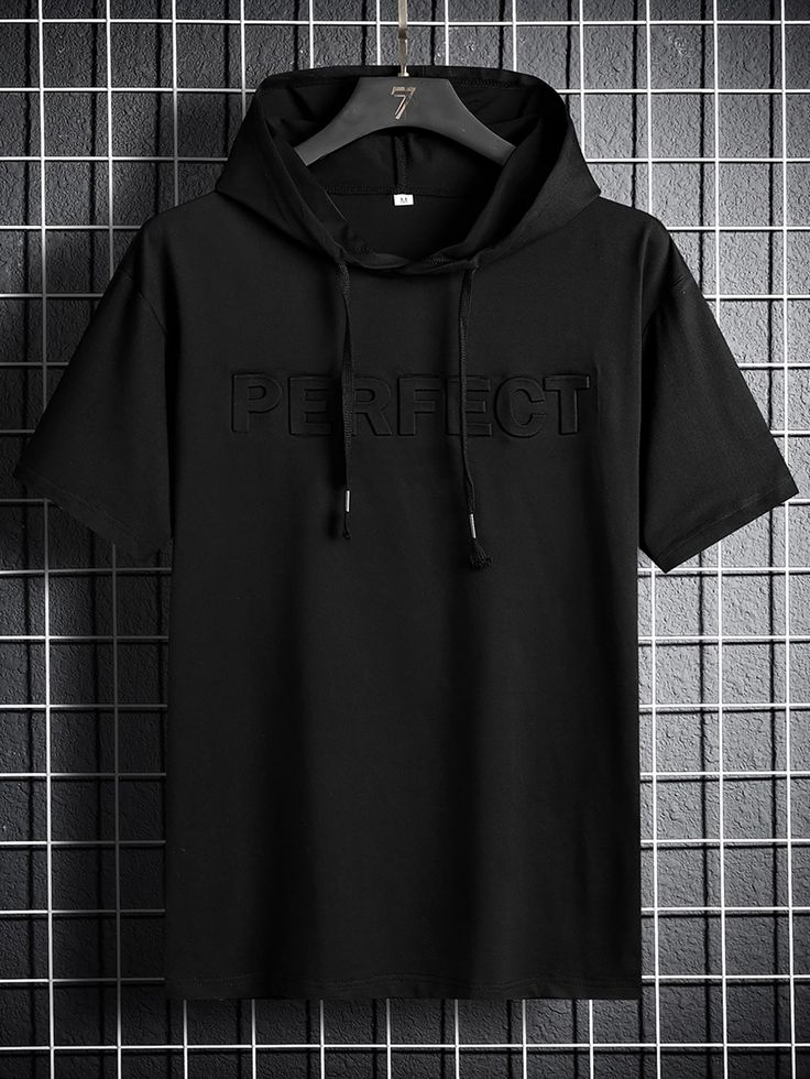 Black Casual Collar Short Sleeve Knitted Fabric Letter  Embellished Slight Stretch Summer Men Clothing Summer Knit Tops, Stylish Hoodies, Hooded Tee, Mens Casual Dress Outfits, Men Stylish Dress, Guys Clothing Styles, Slogan Tee, Cool Outfits For Men, Tee Shirt Homme