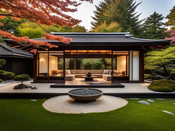 Find Peace at Home: Zen Garden Ideas Illustrated by AI Zen Garden Room, Japanese Zen House Design, Japanese Style Backyard, Zen House Exterior, Zen Landscape Design, Home Zen Garden, Japanese Garden House, Japanese Garden Tea House, Japanese Zen Garden Mini