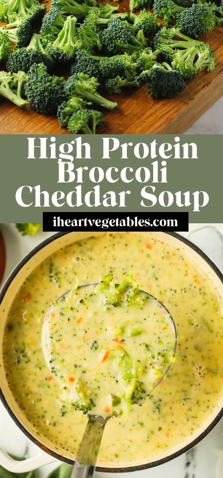 broccoli and cheese soup in a pot on a cutting board with a spoon