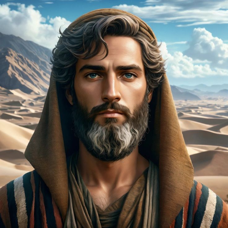 a painting of jesus in the desert with mountains and clouds behind him, looking at the camera