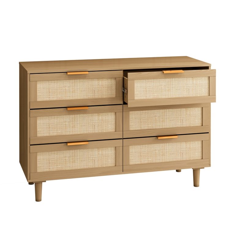 an image of a dresser with wicker drawers