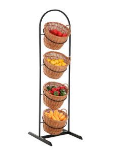 three tiered basket stand with four baskets on each side and one section holding fruit