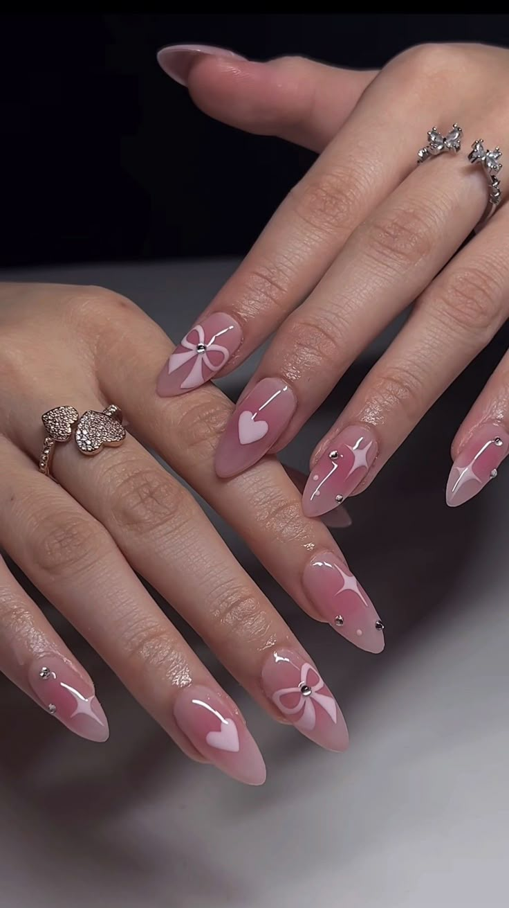 Nails | Aesthetic | Inspo | Cute Almond Nails Aesthetic Winter, Easy Aesthetic Nail Designs, Aesthetic Nail Extension Ideas, Pink Nails Acrylic Aesthetic, Nail Inspo Girly, Blush Nails Acrylic, Nail Inspo Almond Black, December Nails 2024, Nail Art Simple Pink