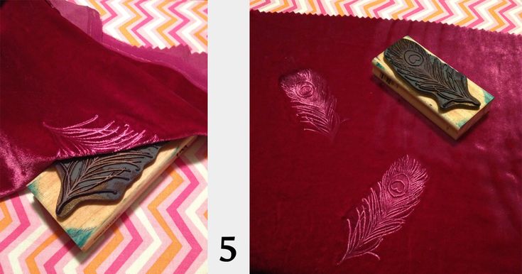 two pictures showing the process of making an embroidered cloth with feathers on it and then using wax