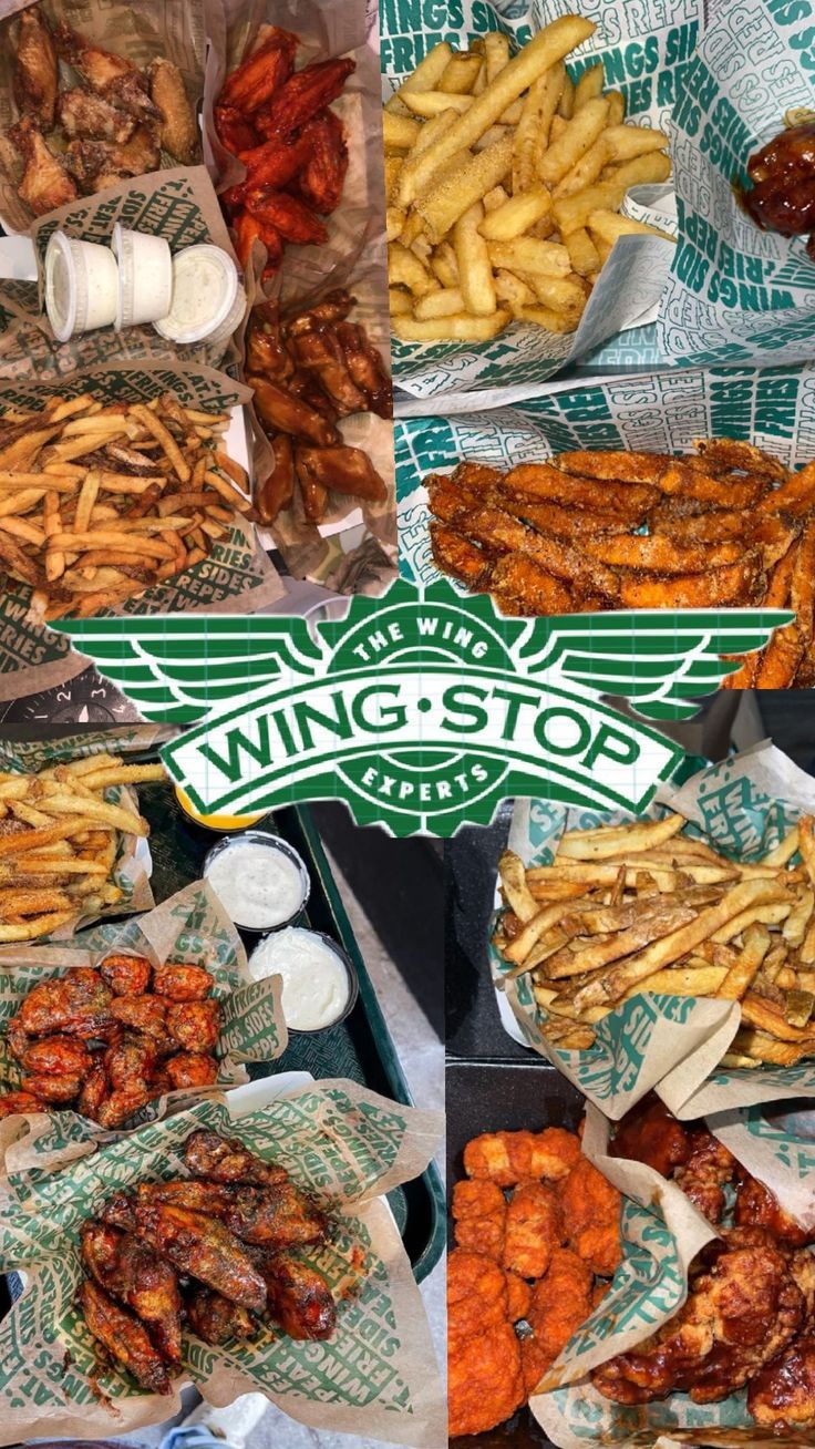 several pictures of different types of food on display at a wingstop restaurant, including chicken wings and french fries