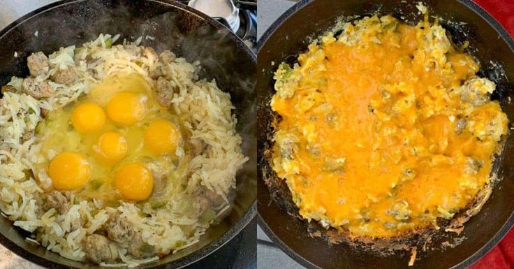 two pans filled with rice and eggs on top of a stove burner next to each other