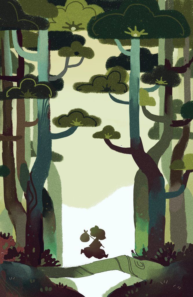 an illustration of a forest with trees and animals