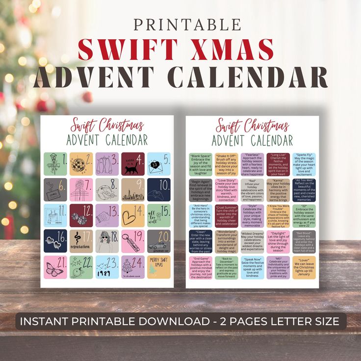 the printable swiff xmas calendar is displayed on a wooden table with christmas decorations