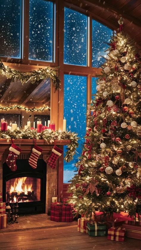 a decorated christmas tree sitting in front of a fire place