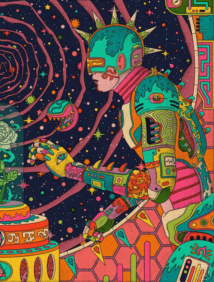 an illustration of a person in space surrounded by stars and other things on the ground