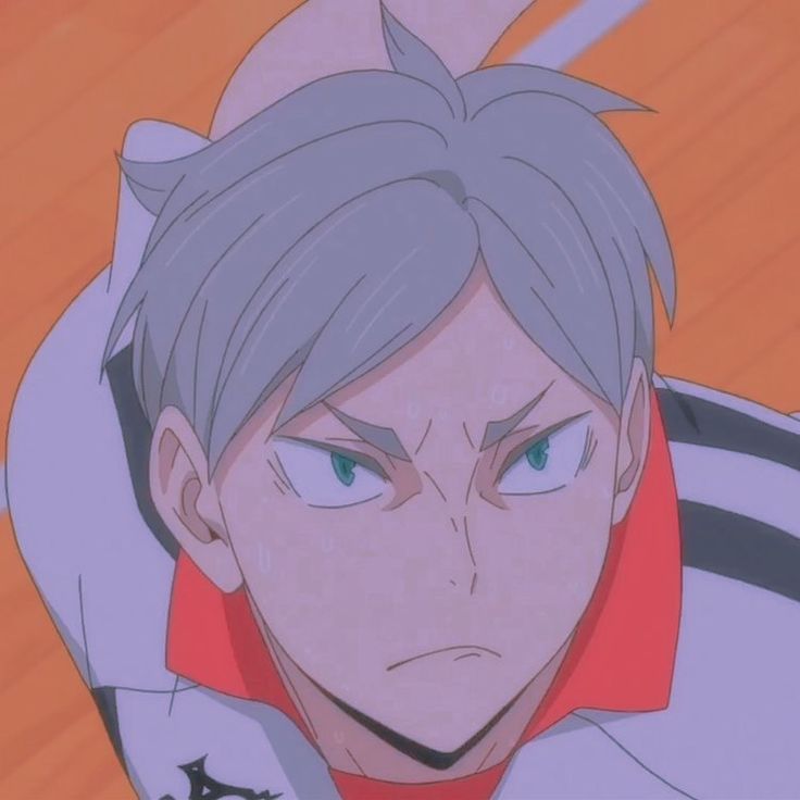 an anime character with grey hair and blue eyes looks at the camera while wearing a red collared shirt