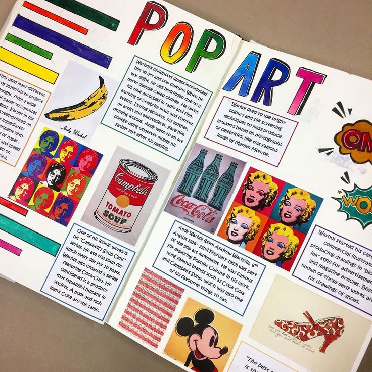 an open book with pictures and words about pop art