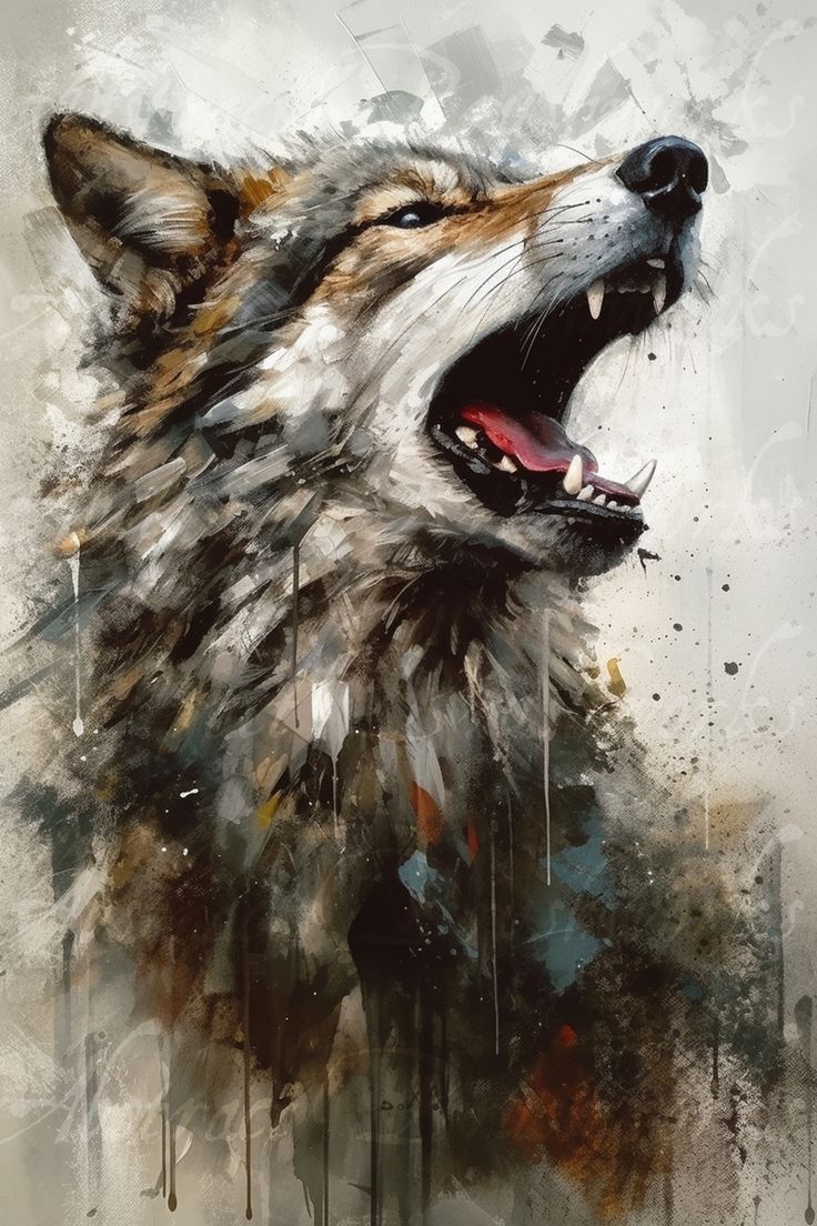 a painting of a wolf with its mouth open