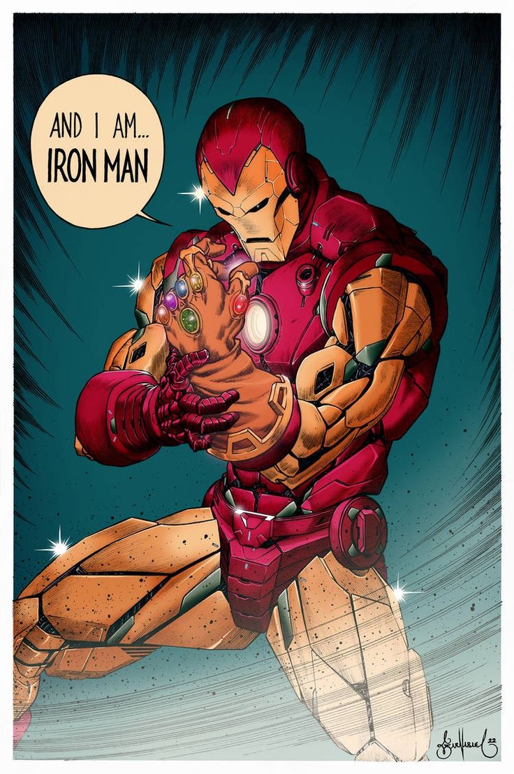 the iron man is running with his arm around another person's chest and holding an object in one hand