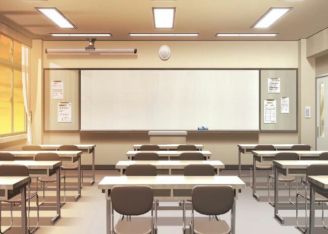 an empty classroom with desks and chairs in front of a whiteboard on the wall