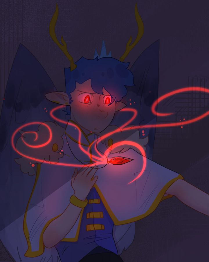 a cartoon character with glowing red eyes holding something in his hand