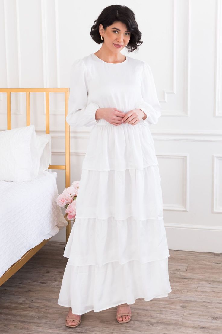 The Paityn Modest Temple dress - NeeSee's Dresses Lds Temple Dress, Neesees Dresses, Temple Dress, Lds Temple, Tiered Ruffle Skirt, Lds Temples, Full Length Dress, Dress Plus Size, Ruffle Skirt