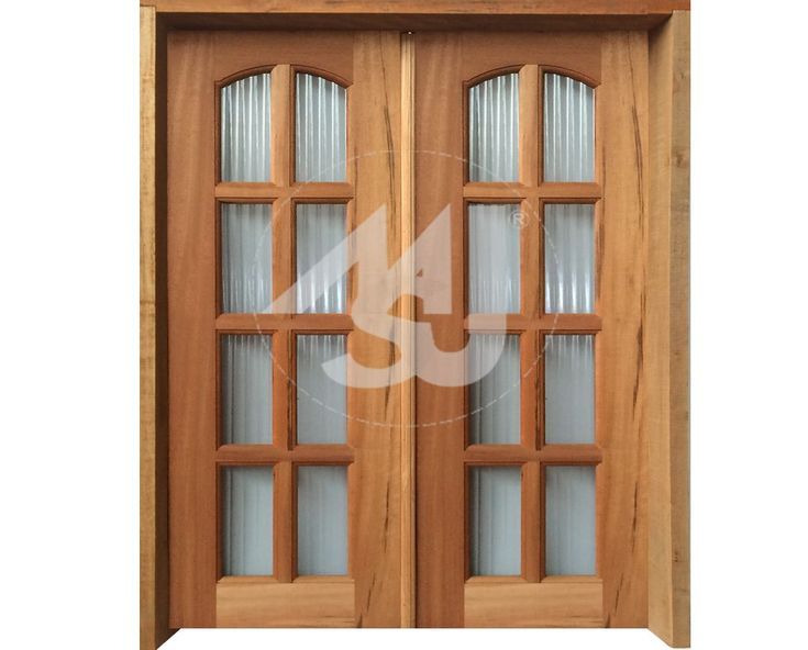 two wooden doors with glass panels on each side and the bottom panel is made out of wood