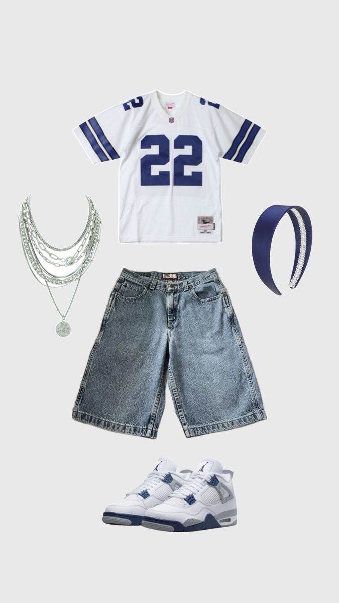 silver layered necklace, blue and white jersey, jorts, jordan 4s, Jersey Shirt Outfit, Billie Eilish Concert Outfit, Jorts Outfit, Street Style Outfits Casual, Baggy Clothes, Blue Jersey, Jersey Outfit, Trendy Outfits For Teens, Outfit Inspo Casual