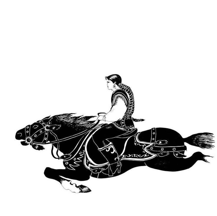 a black and white drawing of a man riding on the back of a brown horse