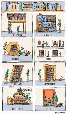 a comic strip about bookshelves and how they are used to read them in different ways